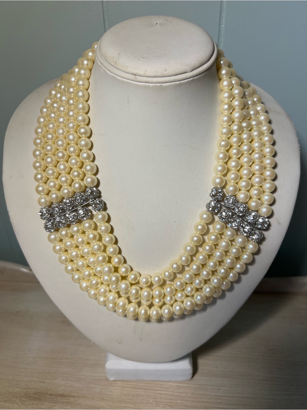 Classic Ivory Pearl 5-Strand Necklace with Rhinestone Accents